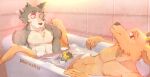  abs anthro bathtub beastars canid canine canis cervid duo legoshi_(beastars) louis_(beastars) male mammal muscular muscular_male pecs pourwatter rubber_duck scar water wet wolf 