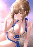  1girl absurdres arm_rest arm_up bangs beach bikini braid breasts brown_eyes brown_hair cleavage collarbone crown_braid earrings eyebrows_visible_through_hair hair_ornament hair_up hand_in_hair highres idolmaster idolmaster_shiny_colors jewelry kuwayama_chiyuki large_breasts leaning_to_the_side looking_at_viewer navel parted_lips sitting sky solo starfish_hair_ornament swimsuit tonguewasabi 