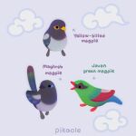  ._. animal animal_focus arrow_(symbol) artist_name beak bird closed_mouth cloud commentary english_commentary english_text from_side grey_background magpie no_humans open_mouth original pikaole simple_background standing watermark 
