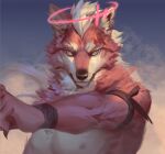  2021 anthro armwear black_nose canid canine canis claws clothing elbow_tuft fur halo headshot_portrait hi_res light looking_at_viewer male mammal multicolored_body muscular muscular_male nipples pecs pink_body pink_fur portrait solo sunlight two_tone_body whiskers white_body white_fur wolf yellow_eyes yi_feng 