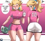  1girl absurdres ass ass_focus ball blonde_hair blue_eyes breasts crop_top crown earrings echo_saber from_behind gloves highres jewelry long_hair looking_at_viewer looking_back mario_(series) mario_strikers:_battle_league mario_strikers_charged midriff navel ponytail princess_peach shorts soccer soccer_ball solo thighs 