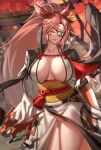  1girl anima_(togashi) baiken bangs blurry blurry_background branch breasts coat coat_on_shoulders collarbone commentary_request facial_mark facial_tattoo forehead_mark guilty_gear highres japanese_clothes kataginu katana kimono large_breasts lips long_hair long_sleeves obi parted_lips pink_hair red_eyes samurai sash scar scar_across_eye shiny shiny_hair simple_background smile solo sword tattoo tied_hair torn_clothes tree weapon wide_sleeves 
