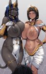 2girls animal_ears animal_nose armlet asymmetrical_docking bandaged_hand bandages bangs black_hair black_nipples black_skin blue_sclera blurry blurry_foreground bracelet breast_press breasts closed_mouth colored_nipples colored_sclera colored_skin dark_nipples egyptian_clothes facial_mark furry furry_female groin hand_on_hip hand_on_own_chest hand_up head_scarf highres huge_breasts jewelry lips looking_at_another multiple_girls navel nipples original parted_lips ring shiny shiny_hair shiny_skin short_hair skindentation slit_pupils smile snout stomach tail tan thighlet unaligned_breasts yellow_eyes yugo_(yugotme97) 
