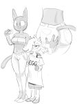  anthro arepo big_butt bovid breasts butt butt_grab caprine clara_hopper clothed clothing cookie critter_coven dbaru domestic_cat duo felid feline felis female female/female food gesture goat greyscale hand_on_butt hi_res high_heels hoof_hands horn mammal midriff monochrome size_difference thumbs_up 