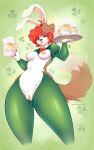  alcohol anthro beer beer_mug better_version_at_source beverage bodily_fluids bow_tie breasts canid canine canis clothed clothing clover container domestic_dog dripping fake_ears fake_rabbit_ears female fluffy fluffy_tail fur genital_fluids genitals glass glass_container green_background green_clothing green_legwear green_topwear hair hi_res leggings legwear looking_at_viewer mammal midriff nipples one_eye_closed rainbowscreen red_bow red_bow_tie red_bowtie red_hair reverse_bunny_costume serving_tray simple_background skimpy smile solo solo_focus tongue tongue_out topwear waiter white_body white_fur wink 