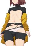  1girl ass_visible_through_thighs black_pants black_shirt breasts brown_hair clothes_pull head_out_of_frame highres hood hoodie linne lips morisobo navel nipples no_bra panties pants pulling shirt short_hair small_breasts solo sweat thighs torn_clothes turtleneck under_night_in-birth underwear white_panties yellow_hoodie 