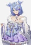  1girl aqua_eyes blue_hair bob_cut breasts cleavage collarbone elira_pendora frills fur_trim hair_ornament hair_over_one_eye hairclip head_wings highres japanese_clothes jewelry key key_necklace kimono medium_hair nail_polish necklace nijisanji nijisanji_en obi official_alternate_costume purple_nails sash skirt solo tiara virtual_youtuber wenz 