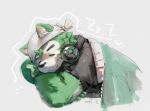  anthro bandanna canid canine canis clothing coooldt domestic_dog fur green_body green_fur headphones headphones_around_neck hi_res kerchief lifewonders live-a-hero male mammal mokdai shirt sleeping solo t-shirt topwear video_games 