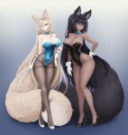  2girls animal_ear_fluff animal_ears asuna_(blue_archive) bangs barbariank bare_shoulders black_hair black_legwear black_leotard blonde_hair blue_archive blue_bow blue_bowtie blue_eyes blue_leotard bow bowtie breasts commentary covered_navel dark-skinned_female dark_skin detached_collar english_commentary fishnet_legwear fishnets full_body gloves gradient gradient_background grin hair_over_one_eye hand_on_hip high_heels karin_(blue_archive) large_breasts large_tail leotard long_hair multiple_girls one_eye_covered pantyhose simple_background smile tail thighband_pantyhose very_long_hair white_gloves wrist_cuffs yellow_eyes 