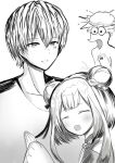  1girl 2boys ^_^ bangs bow closed_eyes collarbone double_bun drawfag explosion eyebrows_visible_through_hair greyscale hair_bow hololive leaning_on_person mafumafu monochrome multiple_boys niconico open_mouth parted_lips short_hair smile surprised uruha_rushia utaite_(singer) virtual_youtuber white_background 