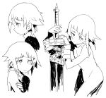  1other androgynous closed_mouth crona_(soul_eater) dress greyscale kanyoko_(yuzukano_17) looking_at_viewer monochrome short_hair simple_background solo soul_eater sword weapon white_background 