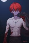  1boy absurdres artist_request bare_arms bare_shoulders blood commentary_request highres holding jewelry kemono_jihen kusaka_kabane looking_at_viewer male_focus moon muscular_shota necklace night outdoors red_eyes red_hair solo topless_male 