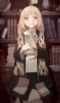  1girl absurdres bangs black_robe blonde_hair blurry book book_stack bookshelf braid bright_pupils closed_mouth commentary_request cutlery feet_out_of_frame film_grain flying_paper glint hair_ornament highres holding holding_book indoors long_hair long_sleeves looking_at_viewer multiple_sources nakamura_haco object_hug original paper parted_bangs plate robe shirt solo standing straight-on twin_braids wavy_hair white_pupils white_shirt wide_sleeves wing_collar x_hair_ornament yellow_eyes 