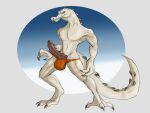  4:3 anthro baryonyx blue_sky_studios clothing daikuhiroshiama dinosaur erection genitals hi_res ice_age_(series) laws male mostly_nude penis reptile rudy_(ice_age) scalie solo spinosaurid standing teeth theropod thong underwear white_body 