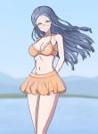  1girl bangs blue_eyes blue_hair blurry blurry_background blush breasts danganronpa_(series) danganronpa_v3:_killing_harmony glasses highres large_breasts long_hair looking_at_viewer navel ocean orange_swimsuit seongkun_(agn000) shirogane_tsumugi sky smile solo swimsuit 