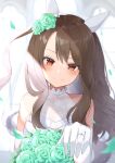  1girl absurdres animal_ears bangs bare_shoulders blurry blurry_background blush bouquet bridal_veil brown_hair dress ear_covers elbow_gloves flower gloves green_flower green_rose hair_flower hair_ornament halterneck head_tilt highres horse_ears jewelry king_halo_(umamusume) long_hair looking_at_viewer orange_hair outstretched_arm petals reaching_out ring rose sleeveless sleeveless_dress smile solo split_mouth sunlight tyabesu umamusume upper_body veil wedding_dress white_gloves 