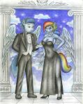  absurd_res anthro bottomwear breasts clothing cloud duo equid equine female footwear friendship_is_magic hi_res high_heels horse legwear male mammal my_little_pony pants pantyhose pegasus pony rainbow_dash_(mlp) shoes sinaherib soarin_(mlp) suit traditional_media_(artwork) wings wonderbolts_(mlp) 