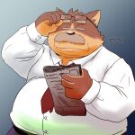  1:1 2022 anthro brown_body canid canine canis clothing domestic_dog eyewear facial_hair glasses humanoid_hands kemono male mammal mature_male mustache necktie newspaper overweight overweight_male reading shirt solo topwear toshi_(artist) 
