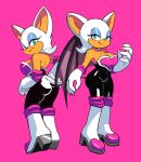  2020 anthro breasts chiropteran cleavage clothed clothing eyeshadow female footwear gloves green_eyes handwear makeup mammal membrane_(anatomy) membranous_wings multiple_poses pink_background pose rouge_the_bat sega simple_background solo sonic_the_hedgehog_(series) wings yuta_agc 
