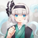  1girl :o alternate_costume arm_at_side arm_up bangs black_hairband blue_eyes blunt_bangs blush bob_cut breath cold commentary_request dot_nose eyebrows_visible_through_hair green_kimono hairband haori highres hitodama japanese_clothes kimono konpaku_youmu konpaku_youmu_(ghost) looking_at_viewer open_mouth outdoors silver_hair solo standing suguharu86 touhou twitter_username 