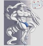  abs anthro blue_clothing blue_eyes blue_thong blue_underwear clothed clothing daikuhiroshiama hi_res legendary_pok&eacute;mon male muscular muscular_anthro muscular_male nintendo pecs pok&eacute;mon pok&eacute;mon_(species) reshiram solo thong thought_bubble topless underwear video_games white_body 
