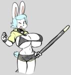  2019 angstrom anthro armband big_breasts blue_hair blush bottomwear bra breasts clothed clothing female hair high_cut_jacket holding_object holding_weapon lagomorph leporid mammal melee_weapon molly_(angstrom) navel one_eye_closed open_mouth polearm rabbit shorts solo underwear weapon white_body wink 