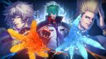  3boys blonde_hair blue_eyes disembodied_limb fingerless_gloves gloves green_hair headphones highres meitenkun multiple_boys necktie nikaidou_benimaru official_art shun&#039;ei the_king_of_fighters the_king_of_fighters_xv white_hair 