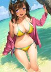  1girl :d aqua_ribbon bangs bare_shoulders bikini blue_sky breasts brown_hair collarbone commentary eyebrows_visible_through_hair eyewear_on_head horizon jacket large_breasts long_hair long_sleeves looking_at_viewer navel ocean off_shoulder open_clothes open_jacket open_mouth original pink_jacket purple_eyes ribbon side-tie_bikini sky sleeves_past_wrists smile solo stomach sunglasses sunlight swimsuit thighs twinpoo unzipped wading water wet yellow_bikini 