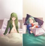  2girls absurdres bangs bed breasts fire_emblem fire_emblem:_mystery_of_the_emblem fire_emblem:_path_of_radiance fire_emblem:_radiant_dawn green_eyes green_hair highres holding holding_pillow long_hair long_sleeves looking_at_viewer multiple_girls naked_shirt nephenee_(fire_emblem) open_clothes open_shirt palla_(fire_emblem) pillow pomelomelon shirt small_breasts smile under_covers 