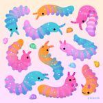  ._. animal animal_focus artist_name closed_mouth commentary english_commentary gradient gradient_background no_humans open_mouth original pikaole pink_background simple_background smile tardigrade velvet_worm watermark yellow_background 