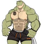  abs absurd_res anthro beard biceps body_hair bottomwear chest_hair clothing darknaigart dinosaur facial_hair green_body hi_res jace_(darknaig) male muscular muscular_anthro muscular_male nipples pecs reptile scalie shaved shorts solo tattoo teeth theropod towel tyrannosaurid tyrannosaurus tyrannosaurus_rex water_bottle yellow_eyes 