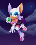  2019 anthro blue_eyes breasts chiropteran cleavage clothed clothing cloud diamond_(gem) eyeshadow female flying footwear gem gloves half-closed_eyes handwear hi_res hikariviny holding_object lipstick makeup mammal membrane_(anatomy) membranous_wings narrowed_eyes night rouge_the_bat sega smile solo sonic_the_hedgehog_(series) text url wings 