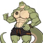  abs anthro biceps bottomwear clothing darknaigart dinosaur green_body hi_res jace_(darknaig) male muscular muscular_anthro muscular_male pecs reptile scalie shorts solo teeth theropod tyrannosaurid tyrannosaurus tyrannosaurus_rex yellow_eyes 