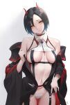 1girl artist_name azur_lane bangs bare_shoulders black_choker black_hair black_jacket blue_hair breasts choker collarbone commentary_request cowboy_shot head_tilt highres horns jacket kojo_(0124) large_breasts long_sleeves looking_at_viewer nail_polish navel navel_piercing off_shoulder open_clothes open_jacket parted_lips piercing red_nails revision short_hair sideboob simple_background solo standing thighhighs ulrich_von_hutten_(azur_lane) white_background wide_sleeves yellow_eyes 