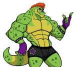  abs absurd_res alligator alligatorid anthro big_muscles black_clothing black_underwear bracelet clothed clothing crocodilian darknaigart fingerless_gloves five_nights_at_freddy&#039;s five_nights_at_freddy&#039;s:_security_breach gloves green_body hair handwear hi_res jewelry male mohawk montgomery_gator_(fnaf) muscular muscular_anthro muscular_male pecs red_hair reptile scalie scottgames simple_background solo topless underwear video_games white_background 