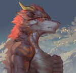  2021 anthro avian bird bodypaint cloud dragon face_paint fur furred_dragon hand_on_chest headshot_portrait hi_res horn male mountain muscular muscular_male open_mouth pink_inner_ear portrait purple_body purple_scales red_body red_fur ring_(jewelry) scales sky solo yellow_eyes yi_feng 