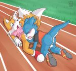  anthro anus ball_fondling balls bandai_namco blush bottomless butt canid canine clothed clothing crossover digimon digimon_(species) duo fondling footwear fox genitals gloves handwear hi_res male male/male mammal miles_prower oral outdoor_sex penis raukue sega shoes sonic_the_hedgehog_(series) sucking veemon young 