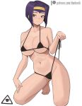  1girl areola_slip areolae ass_visible_through_thighs bangs bare_shoulders bikini black_bikini breasts cameltoe closed_mouth collarbone commentary cowboy_bebop donburi_(donburikazoku) faye_valentine green_eyes hairband hand_on_own_thigh hand_up highres kneeling large_breasts looking_at_viewer micro_bikini navel patreon_logo patreon_username purple_hair short_hair simple_background skindentation solo string_bikini swimsuit thighs underboob untied web_address 