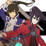  2boys bangs black_hair blue_eyes brown_hair coat crossover flynn_(smt4) gauntlets green_eyes gzei highres jacket long_hair looking_at_viewer male_focus multiple_boys noah_(xenoblade) ponytail samurai shin_megami_tensei shin_megami_tensei_iv short_hair sword weapon xenoblade_chronicles_(series) xenoblade_chronicles_3 yellow_eyes 