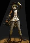  absurd_res anthro avian bird black_tie_(suit) bottomless bottomless_female bow_tie clothed clothing dress_shirt falcon falconid female fish_birb fishnet fishnet_legwear genitals gun hat headgear headwear hi_res katie_(fish_birb) legwear peregrine_falcon pussy ranged_weapon shirt solo submachine_gun suit suit_jacket thompson_gun topwear weapon 