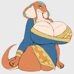  anthro armband big_breasts binita_(miso_souperstar) blue_eyes breasts cleavage clothed clothing female huge_breasts looking_at_viewer markings multicolored_body non-mammal_breasts orange_pupils pupils reptile robe runawaystride scalie simple_background snake solo 