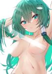  1girl :&lt; absurdres armpits arms_behind_head arms_up bangs bloom breasts closed_mouth eyebrows_visible_through_hair frog_hair_ornament from_below green_eyes green_hair hair_between_eyes hair_flowing_over hair_ornament hair_tubes highres kochiya_sanae light_censor long_hair looking_at_viewer mole mole_on_breast nude sidelocks simple_background solo stitches touhou upper_body very_long_hair white_background yuzi_(32745637280) 