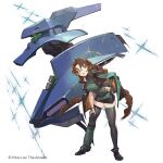  bangs black_jacket boots braid breasts brown_hair eyebrows_visible_through_hair fubuki_(muvluv) glasses green_eyes hand_on_hip hand_on_own_thigh highres immortals:_muvluv_alternative jacket jacket_on_shoulders leaning_forward long_hair mecha medium_breasts muvluv muvluv_alternative official_art parted_bangs round_eyewear sakaki_chizuru science_fiction skindentation so-taro tactical_surface_fighter thick_eyebrows thighhighs twin_braids v-shaped_eyebrows very_long_hair visor white_background 