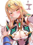  absurdres bangs bare_shoulders blonde_hair breasts chest_jewel cleavage cleavage_cutout clothing_cutout dress drunk earrings elbow_gloves gloves highres jewelry large_breasts long_hair mythra_(xenoblade) rex_(xenoblade) short_dress swept_bangs taro_(peach_taro51) tiara very_long_hair white_dress white_gloves xenoblade_chronicles_(series) xenoblade_chronicles_2 yellow_eyes 
