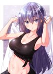  1girl arms_up bangs bare_shoulders black_sports_bra border breasts bush cleavage collarbone commentary_request covered_nipples eyebrows_visible_through_hair hair_between_eyes highres holding holding_towel large_breasts long_hair looking_at_viewer mokufuu navel original parted_lips purple_eyes purple_hair shirt sidelocks simple_background solo sports_bra standing stomach tied_shirt towel upper_body 