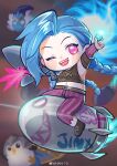  1girl :d absurdres arcane:_league_of_legends arcane_jinx arm_up asymmetrical_bangs ball bangs belt bird blush braid brown_belt brown_footwear brown_shirt character_name chibi detached_sleeves fang glowing han-10 highres holding holding_ball holding_weapon jinx_(league_of_legends) league_of_legends little_legend long_hair looking_at_viewer navel pants penguin pink_pants riding_rocket rocket shirt smile striped striped_pants teeth twin_braids upper_teeth weapon 