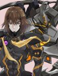  abs brown_eyes brown_hair covered_navel eyebrows_behind_hair fortified_suit frown glowing highres holding holding_ribbon holding_sword holding_weapon jun_(rellik_&amp;_redrum) male_focus mecha muvluv muvluv_alternative muvluv_unlimited:_the_day_after pilot_suit pink_background ribbon science_fiction shirogane_takeru solo_focus sword tactical_surface_fighter takemikazuchi_(muvluv) v-shaped_eyebrows visor weapon yellow_ribbon 