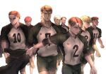  6+boys alternate_costume alternate_universe armin_arlert black_shorts connie_springer eren_yeager facial_hair feet_out_of_frame floch_forster frown goatee grabbing height_difference highres jean_kirchstein kyojinjoa levi_(shingeki_no_kyojin) male_focus marco_bodt marlowe_freudenberg multiple_boys older pectorals shingeki_no_kyojin short_hair shorts tied_hair volleyball 