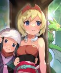  2girls :i against_tree akari_(pokemon) bangs bare_arms black_hair black_shirt blonde_hair blue_eyes blush breasts closed_mouth collar commentary day grey_jacket hairband head_scarf hiding highres irida_(pokemon) jacket katwo multiple_girls orange_hairband orange_shirt outdoors pokemon pokemon_(creature) pokemon_(game) pokemon_legends:_arceus sash scyther shirt short_hair sidelocks strapless strapless_shirt sweat tree white_headwear 