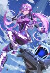  1girl :o apex_legends bangs blush bodysuit breasts cable cloud cosplay floating_hair gloves goggles hand_on_own_head head_tilt highres hololive horizon_(apex_legends) horizon_(apex_legends)_(cosplay) long_hair looking_down medium_breasts minato_aqua open_mouth overfloater_horizon purple_bodysuit purple_eyes purple_hair satsukl_5 sky solo very_long_hair virtual_youtuber 